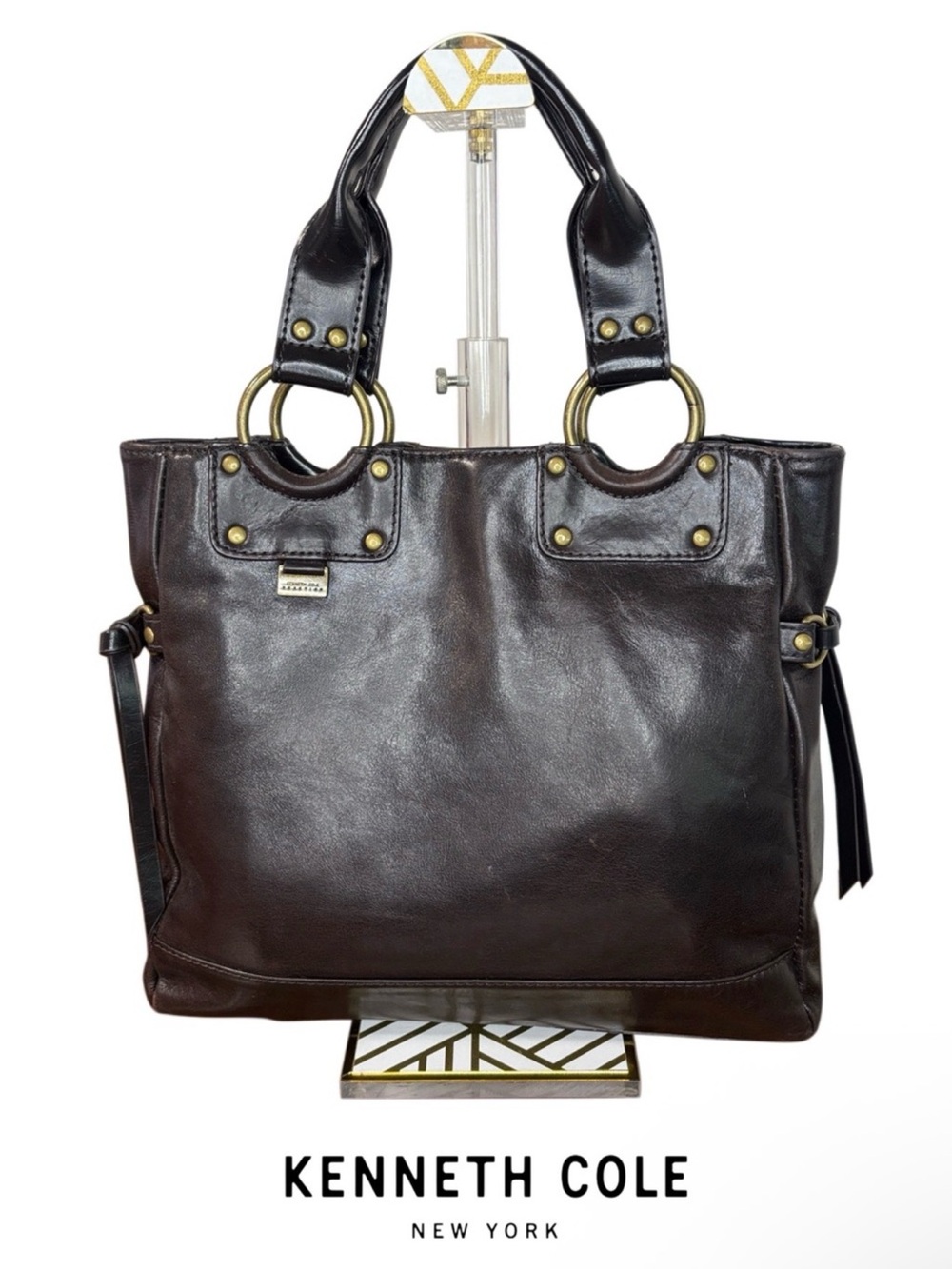 KENNETH COLE Classic Chocolate Brown Leather Satchel with Brass Hardware (EUC)